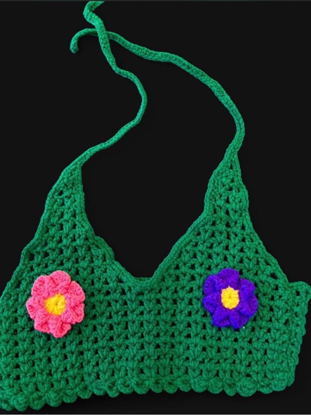 Green Crochet Halter Top with Pink & Purple Flower Appliqués